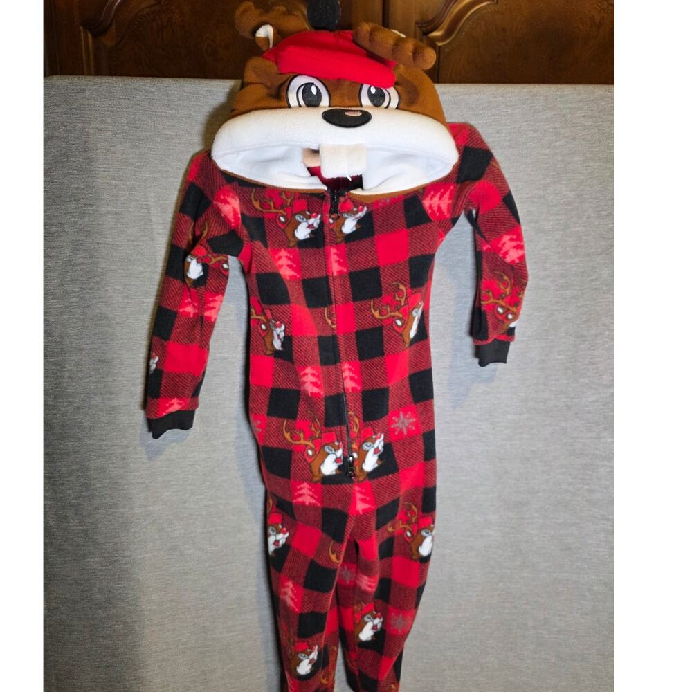 Buc-ee's Beaver Antlered Kids Hooded Red Plaid Fleece 1-Pc Pajamas Romper Sz 3T
